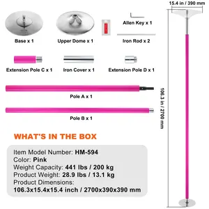 VEVOR Professional Dancing Pole, Spinning Static Dancing Pole Kit, Portable Removable Pole, 40mm Heavy-Duty Stainless Steel Pole, Height Adjustable Fitness Pole, for Exercise Home Club Gym, Pink