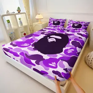 3Pcs Purple Camo Ape Head Fitted Sheet Set No Fillers, Streetwear Hip Hop Style Bed Sheet Set, Trendy Bedding Set with Pillowcases, Deep Pocket for Teen Boys Girls Street Fashion Lovers Bedroom Dorm