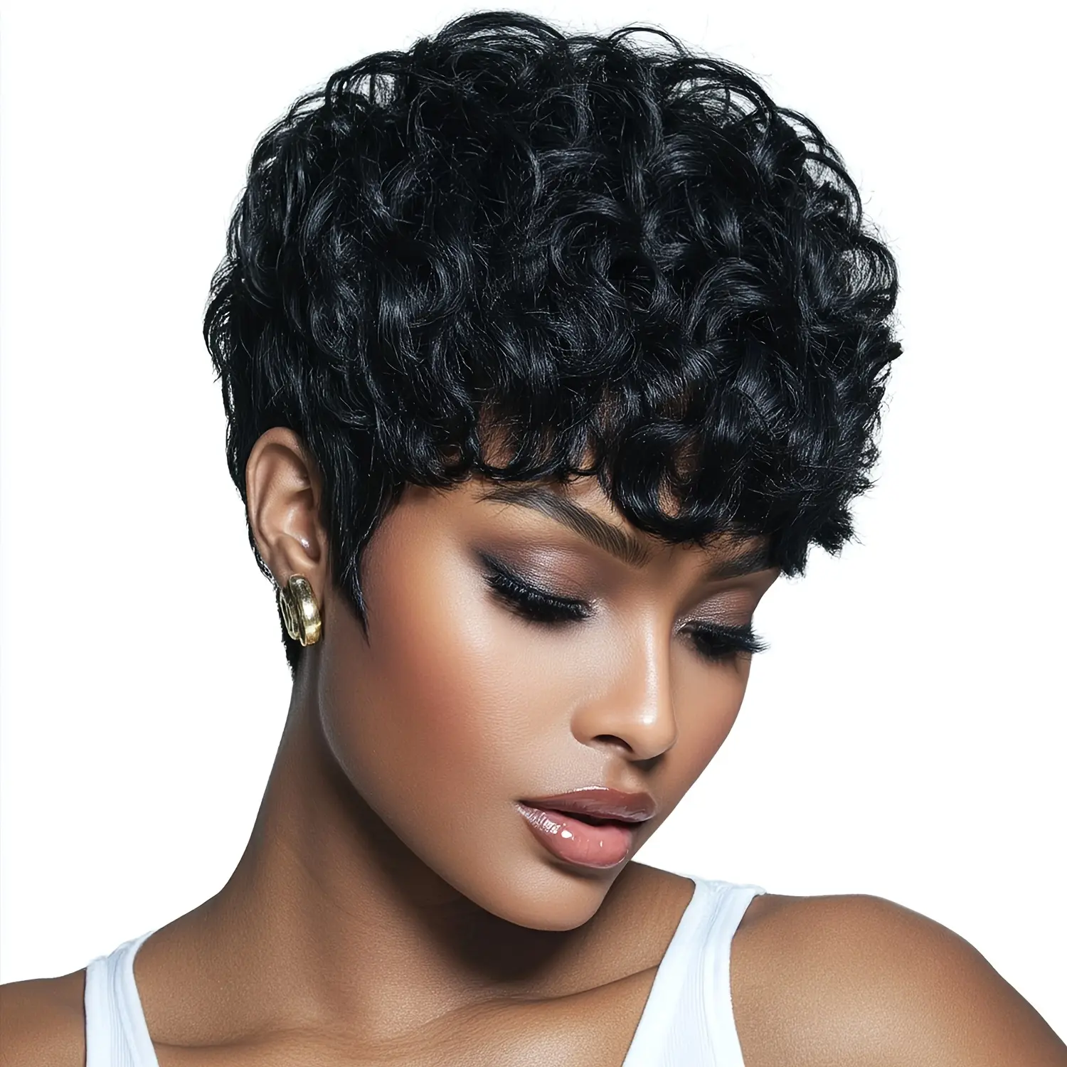 FESHFEN Short Pixie Wigs for Women, Synthetic Wavy Black Wig  display picture 2