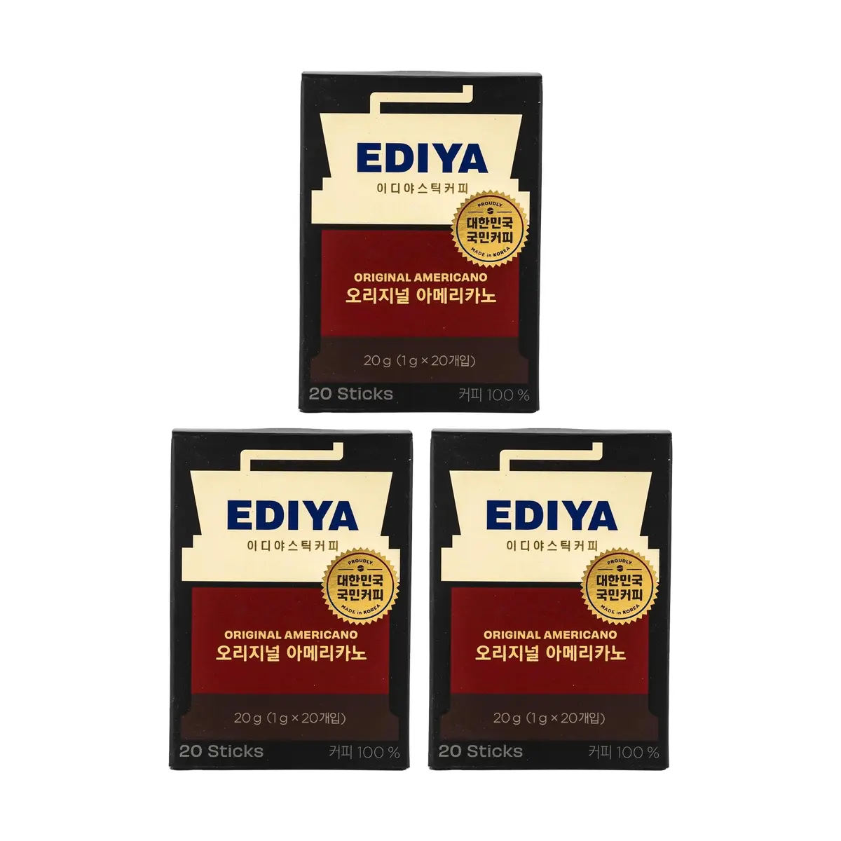 EDIYA Korean Instant Black Coffee Sticks - Nutty Brown Sugar Flavor, 0 Sugar 0 Calorie 0 Fat, 3 Boxes (60 Sticks Total)