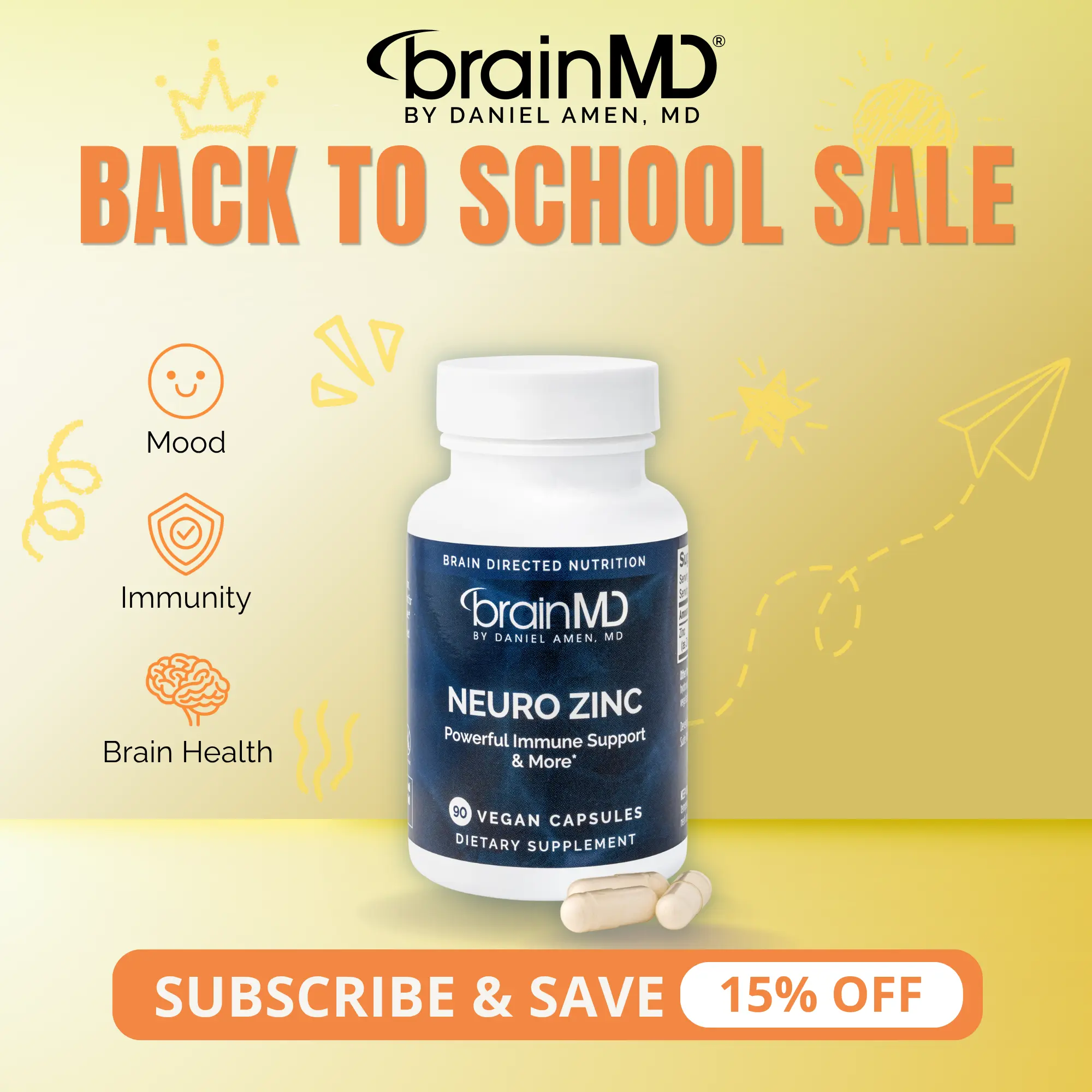 Neuro Zinc | BrainMD | 90 Capsules | Mood & Cognitive Support | Immune & Antioxidant Defense | Zinc Bisglycinate Chelate 25mg