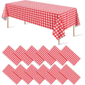12 Pack Red and White Plastic Checkered Tablecloth, Premium Decorative Disposable Red Gingham Plaid Table Cloths for Parties, Rectangle Party Table Cover for Picnic Farm Birthday Wedding, 54x108 Inch
