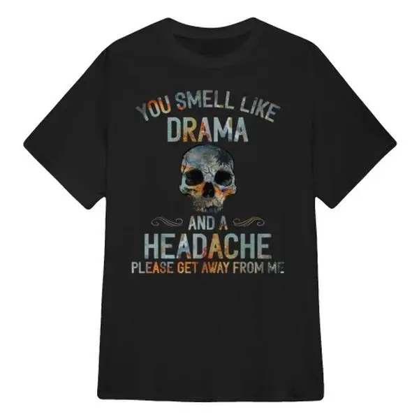 Women's Short-Sleeve Round Neck Watercolor Skull Graphic Sports Top - Sassy Relatable Attitude, "You Smell Like Drama And A Headache" Print, Comfortable Fabric, Ideal Fit, Casual Daily Sports Apparel, Shortsleeve, Tshirt, Unisex, Streetwear, Flat, 100 Cot