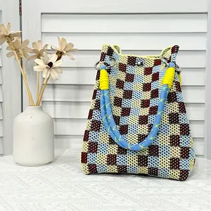 Vacation-Style Knitted Tote Bag, Vintage Letter Crochet Woven Bag, Foldable Double-Carry Handbag with Button Closure, Elegant Minimalist Design, Lightweight Portable Tote for Shopping, Work, Commuting & Travel