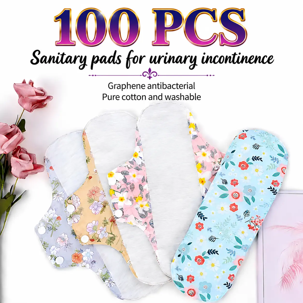 Women's 100-Pcs 100% Organic Cotton Reusable Feminine Care Pads - Leak-Proof Protectors