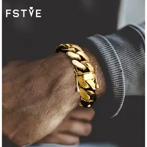 FSTVE 18K Gold  Plated Polished 20MM width Cuban Chain Hip-hop Jewelry High-end Fashion Accessories Men's Gold Bracelet