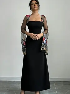 A black lace off-shoulder dress with embroidery for women, suitable for summer, suitable for evening parties, weddings, and balls.