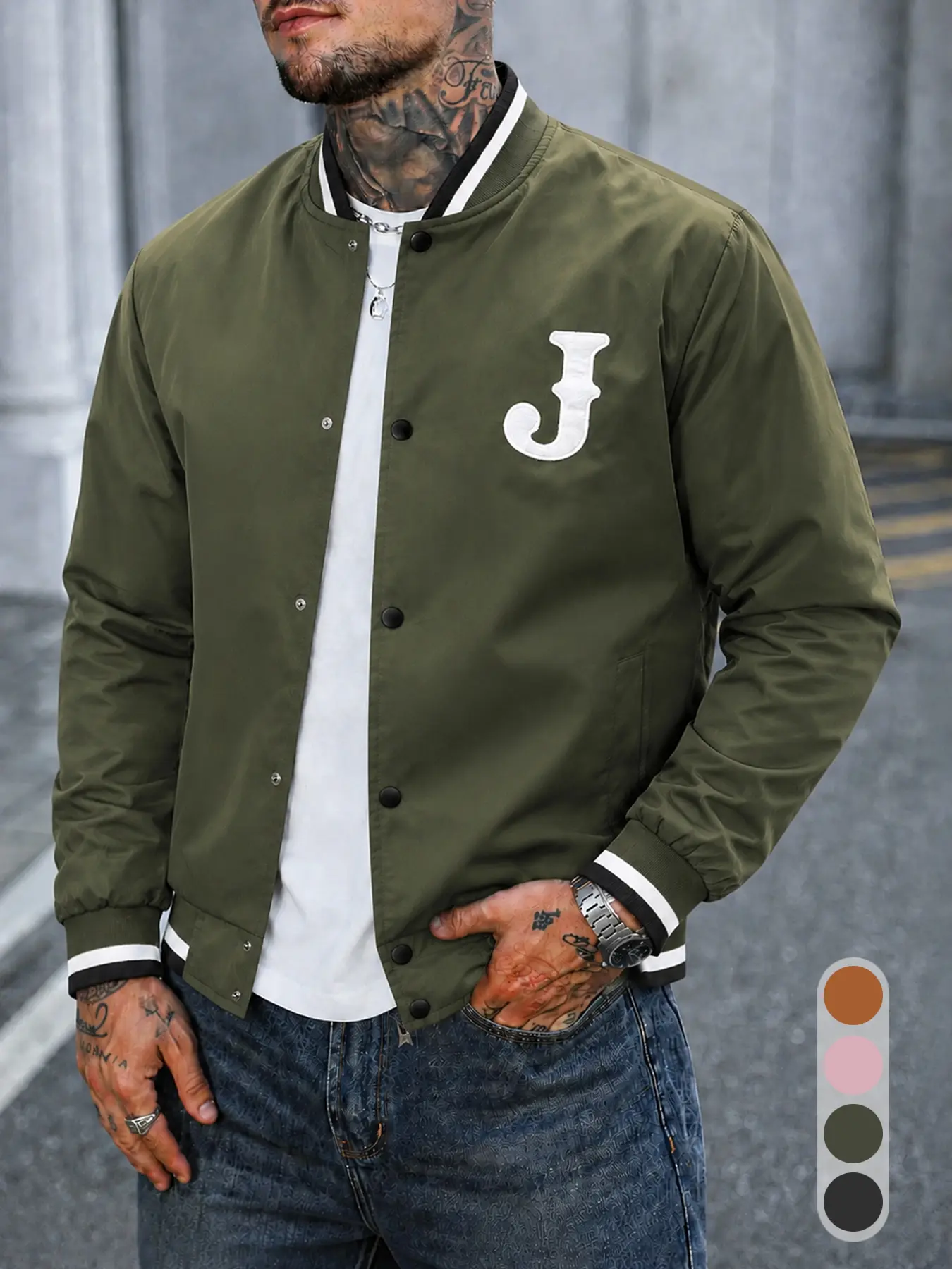 Men's Single-Letter School Team Jacket, Perfect for Back-to-School Season  Snap-button closure   Striped ribbed cuffs and hem   Striped baseball collar   Casual jacket