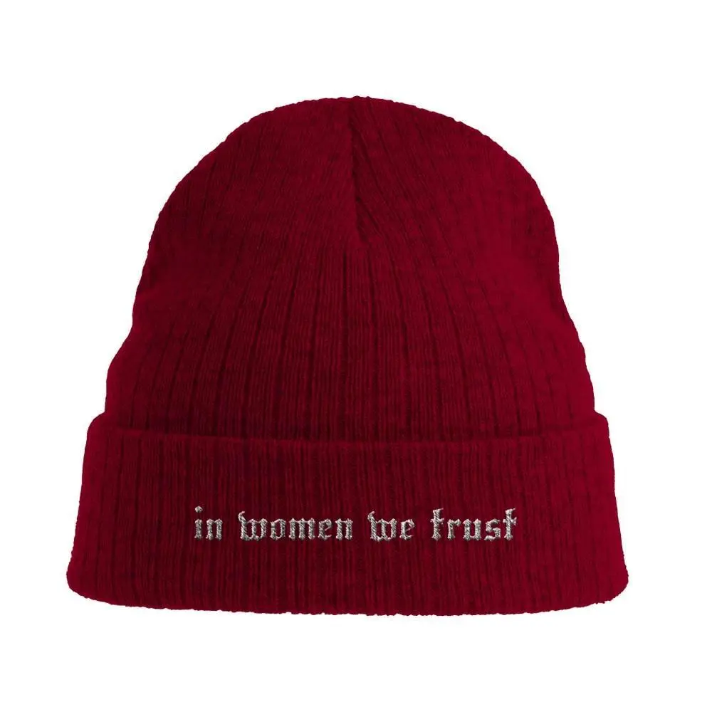 In Women We Trust EMBROIDERED Sustainable Rib Cuffed Beanie | Punk Beanie | Goth Aesthetic | Feminist Beanie