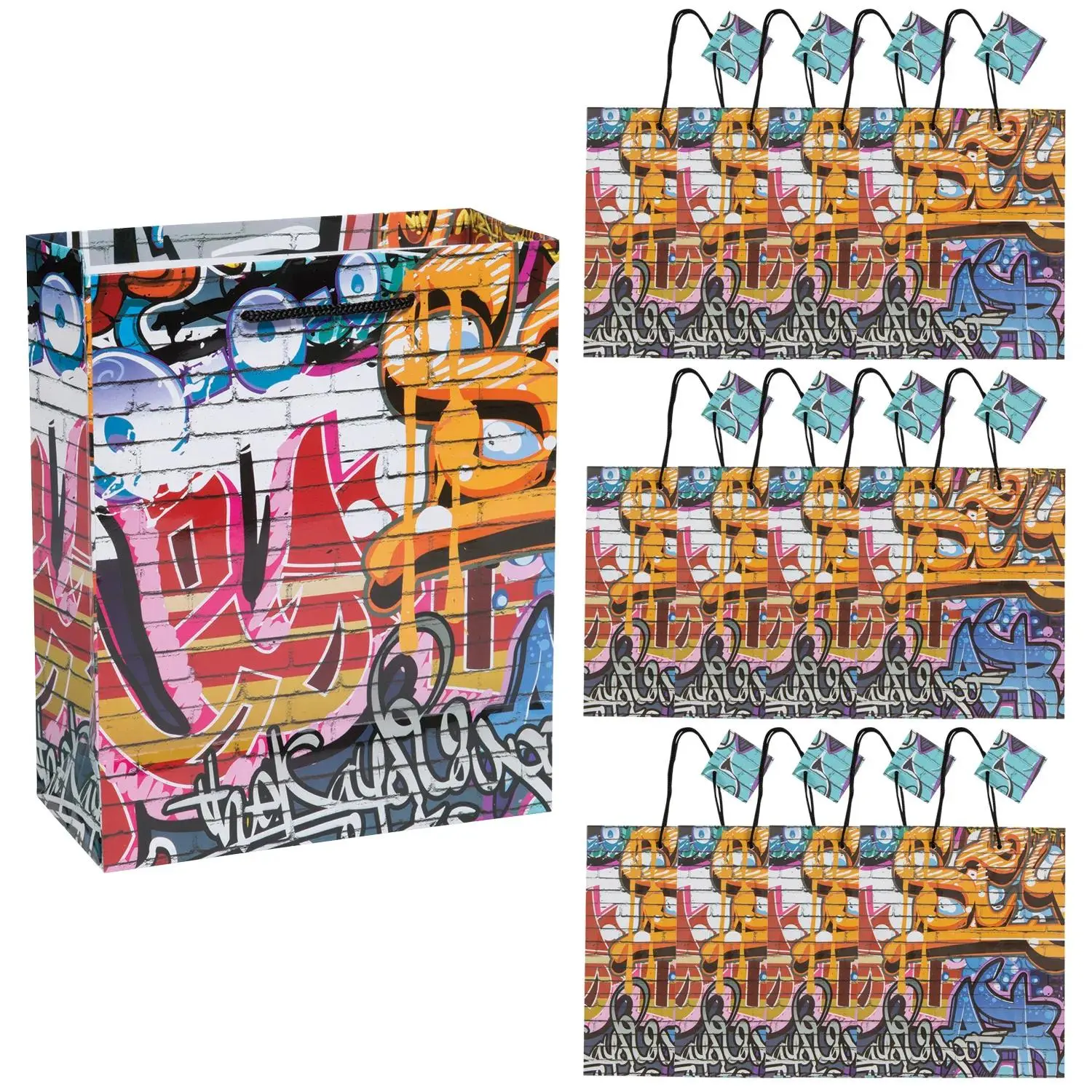 Unisex Durable Sturdy 7.5" x 9" Graffiti Paper Gift Bags with Handles - 12 Pc.