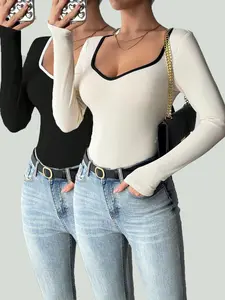 Solid Color Trimmed Slim-Fit Long-Sleeve Bodysuit, Versatile Two-Piece Set for Women, Casual, Ideal for Sports, Home, Work, and Shopping in Autumn, Womenswear