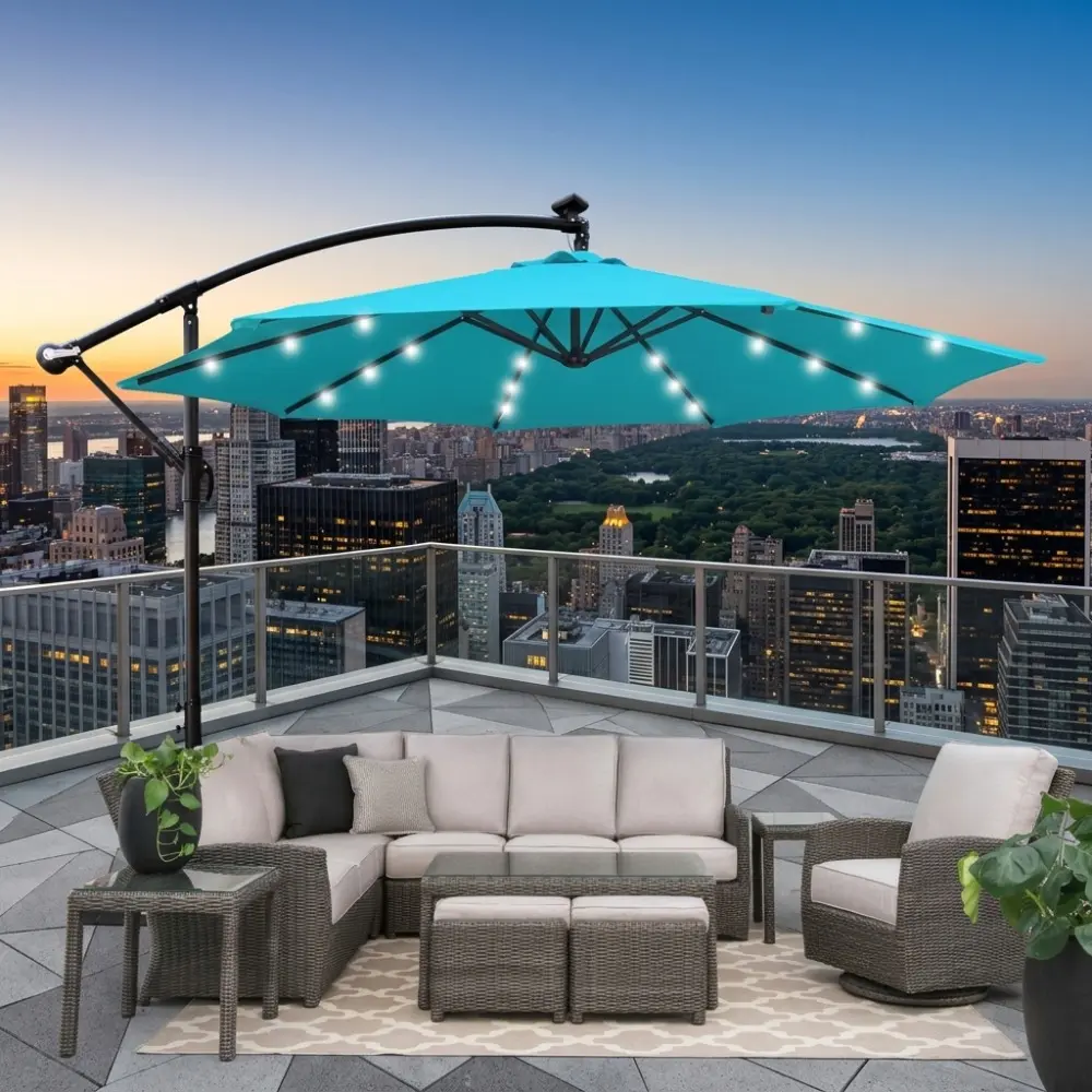 Littleox 10 ft Outdoor Patio Umbrella Solar Powered LED Lighted Sun Shade Market Waterproof 8 Ribs Umbrella with Crank and Cross Base for Garden Deck Backyard Pool Shade Outside Deck Swimming Pool