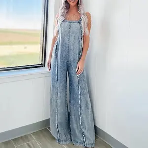 Women's Denim Overalls Loose Vintage Washed Raw Trim Square Neck Open Back Sleeveless Wide Leg Jumpsuit Overalls Loose Vintage Washed Raw Trim Square Neck Open Back Sleeveless Wide Leg