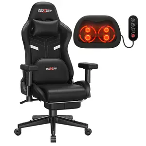 Douxlife Gaming Chair with Heating and Kneading Massage, Ergonomic Office Chair, 175° Reclining Padded Adjustable 2D Armrests, High Back Computer Chair with Footrest, 400lbs Weight Capacity, Black