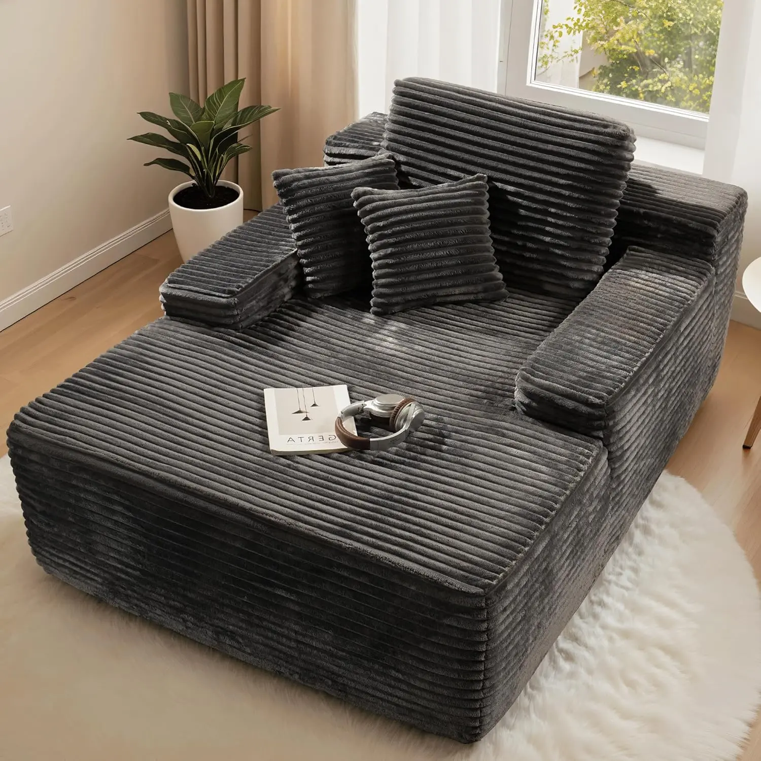 MODMOOD 64‘’boneless sofa chair, Upholstered Sofa Bed with Throw Pillows and Armrests, Indoor Sleeper Chair Luxurious Plush Corduroy Chair Bed for Living Room No Assembly Required Modular Cloud Sectional Gray Blue Couch