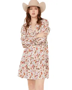 Women's Feather Print Long Sleeve Mini Dress - 03-057-0590-2036 Mu