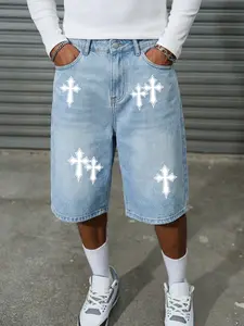 Unisex Streetwear Gothic Cross Print High Street Wash Fitted Denim Shorts, Y2K Fashion for Hip Hop Culture, Perfect Couples Gift for Back to School
