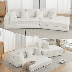 Folding Convertible Out Sleeper Sofa Bed,2-in-1,  Combination Convertible Sofa,3 seat, Upholstered,Fold Out Floor Gaming Sofa Bed , Lamb Velvet Fabric,Living Room,Beige， Chaise Modular Deep Seating Sofa,Premium High-Density Foam & Plush Cordur#Summervibes