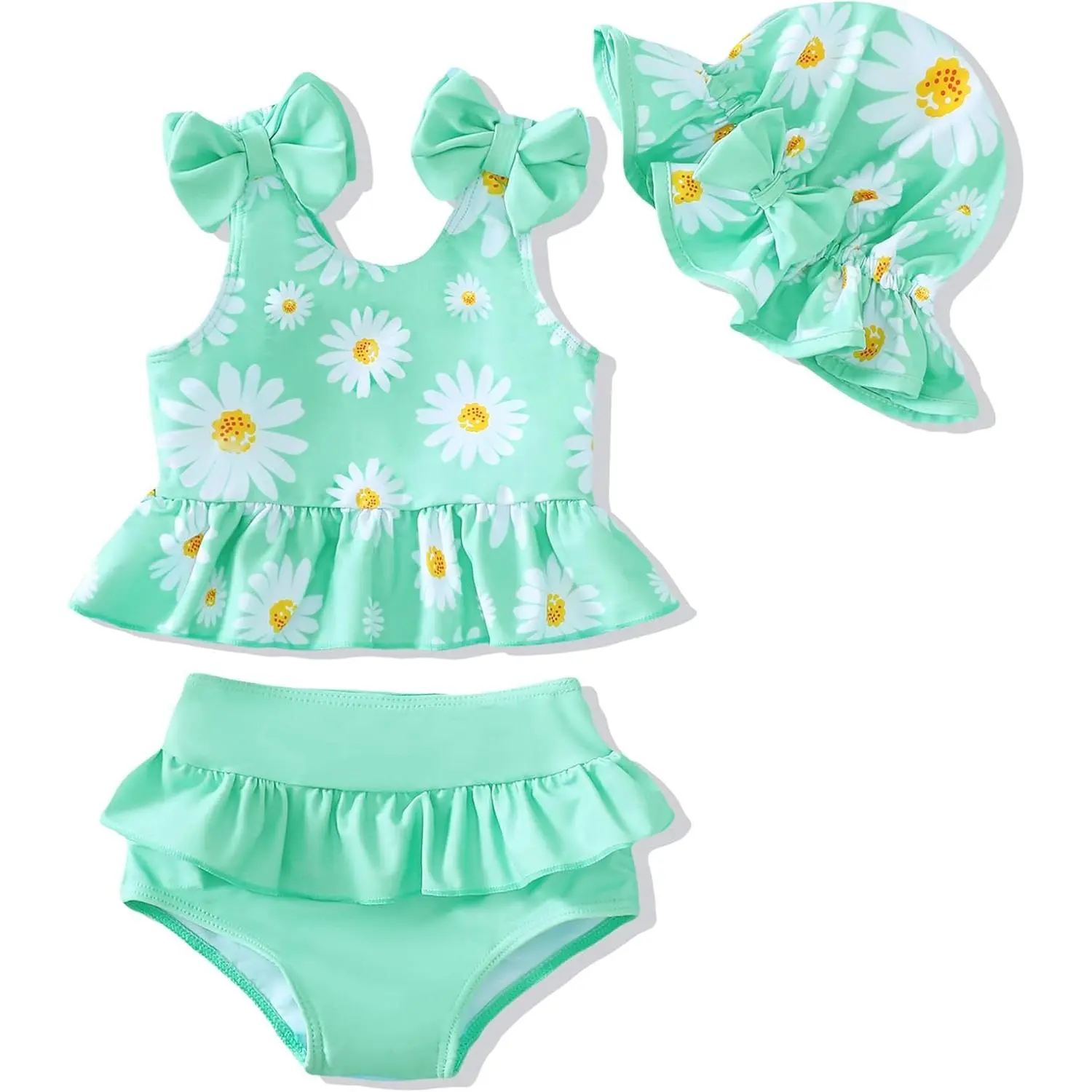 Baby Girls' 3-Piece Floral Print Swimsuit, Ruffle Tankini with Sun Hat, Summer Swimwear Outfit for Beach Photography, Swimwear Outfits, Three Piece Swimsuits