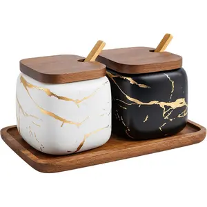 2 Sets of Marble Ceramic Sugar Bowl and Seasoning Jars with Wooden Lid and Wooden Spoon Black and White