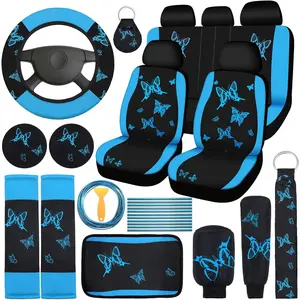 43 Pcs Butterfly Car Seat Full Set Butterfly Car Accessories for Women 5 Front Rear Seat Covers Wrist Strap 2 Pcs Cup Mat Armrest Pad 2 Belt Xmas Cover Accessories for SUV(Light Blue, Black)