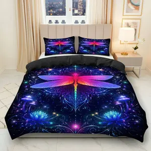 3PCS Duvet Cover Set, 1 Duvet+2 Pillowcases(Without filler), Dragonfly Galaxy Glow Cosmic Fantasy theme, New Year bedding set, Vibrant Design Suitable for decoration bedroom, guest room, dormitory, apartment.