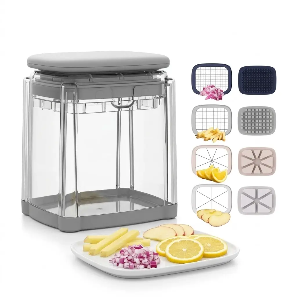 French Fry Cutter Potato Onion Cutter 4 in 1 Veggie Chopper Dicer Stainless Steel Fast Bulk Prep for Parties BBQs Non-Slip Base Dishwasher Safe Feeds Crowds Uniform Cuts