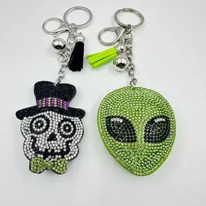 Assorted Halloween Rhinestone Keychains Bulk Set, Skull Pumpkin Alien Ghost Cross Tassel Key Rings, Bling Crystal Bag Charms, Spooky Holiday Accessories for Party Favors & Gift Giving
