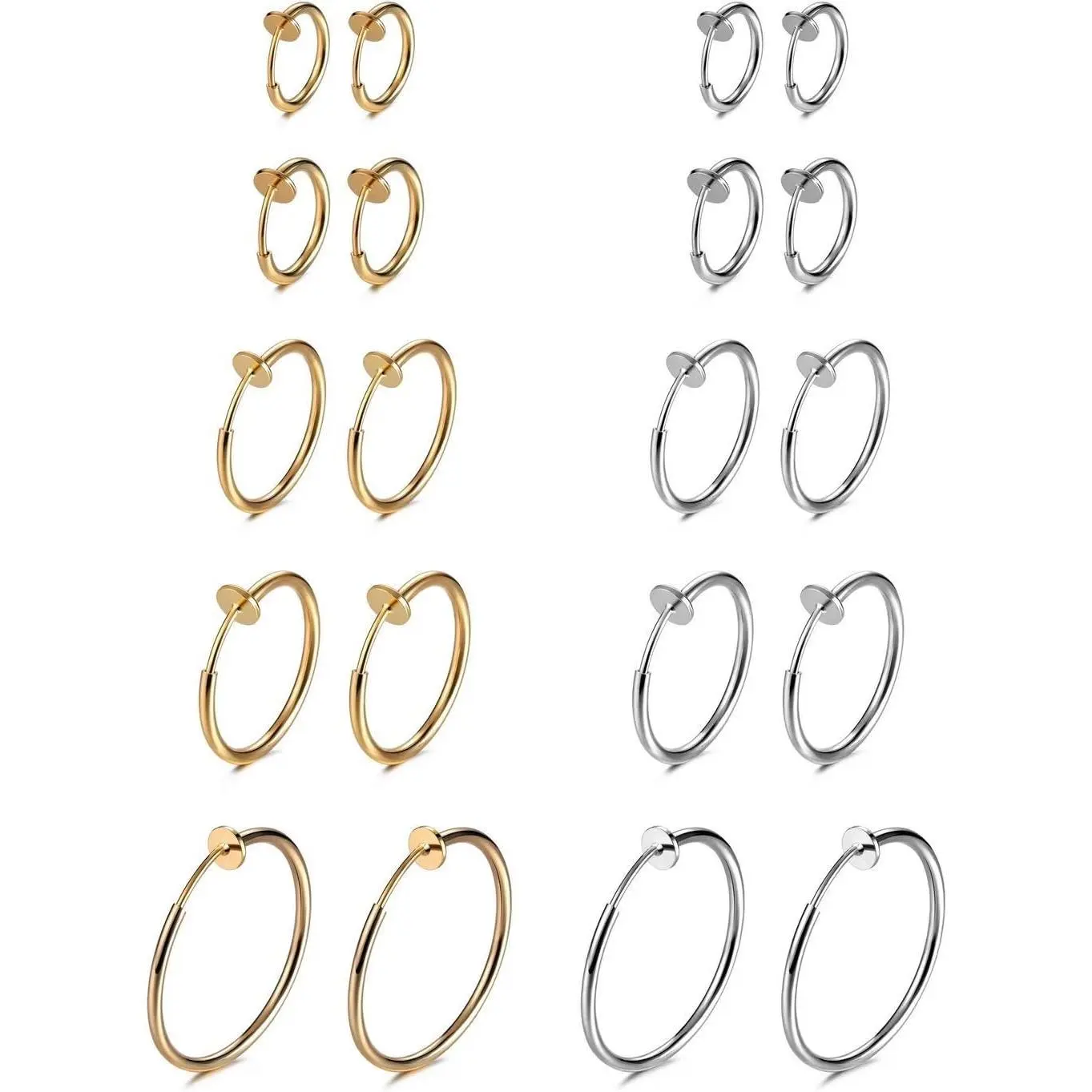 Fake Nose Ring Clip On Hoop Earrings For Women Faux Lip Septum Ring Spring Endless Hoop Earrings Non Piercing Lobes Men (10 Pairs,13mm-25mm,Black,Silver,Gold,Rose Gold)