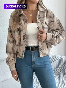 Women's Plaid Print Button Front Drop Shoulder Jacket, Casual Long Sleeve Collared Outerwear for Fall & Winter, Ladies Clothes for Daily Wear, Casual Fashionable Jacket