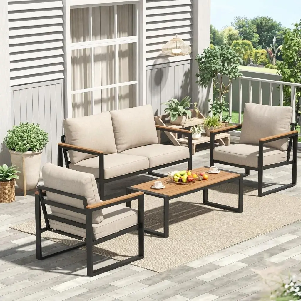 4-Piece Rope Woven Patio Furniture Set - Outdoor Sectional Set, Weather-UV Resistant Metal Frame, Includes Coffee Table, Classic Design for Backyard Relaxation, Garden, Balcony, Patio Furniture Sets, Back Porch