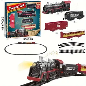 Electric Train Set with Light & Sounds Battery Powered Locomotive Engine Cargo Cars Tracks for Kids Ages 3+ Birthday Gift for Boys Girls Size Set-Four cars 1.6*9.8*9.8in Set-Three cars 1.6*9.8*7.8in