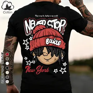 Men's Cotton T-Shirt "Never Stop New York" Hip-Hop Cartoon Graphic Tee, Soft Breathable Urban Streetwear Top, Relaxed Fit Casual Crewneck, Ideal Gift for Rap Fans