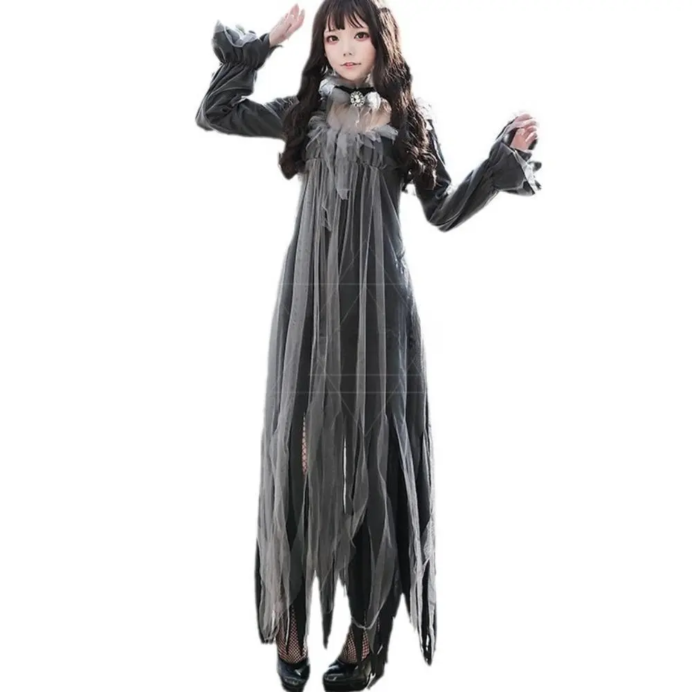 2026 New Harajuku Vintage Punk Women's Dress Y2K Halloween Cosplay Long Performance Costume Grey Ghost Bride Devil Sexy Dresses