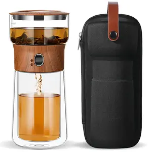 Modern Borosilicate Glass Teapot with One-Touch Infuser for Loose Leaf Tea Insulated Mug Portable Tea Kit for Office Travel Ideal Gift for Tea Lovers - Wooden