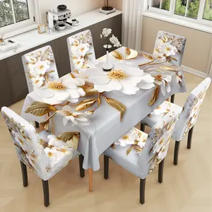 2/5/7PCS restaurant chair tablecloth cover, light luxury modern gold leaf flower pattern print, elastic polyester fiber sliding cover, sewn closed, detachable cleaning, suitable for home, office, hotel chair decoration, Chair Covers Set
