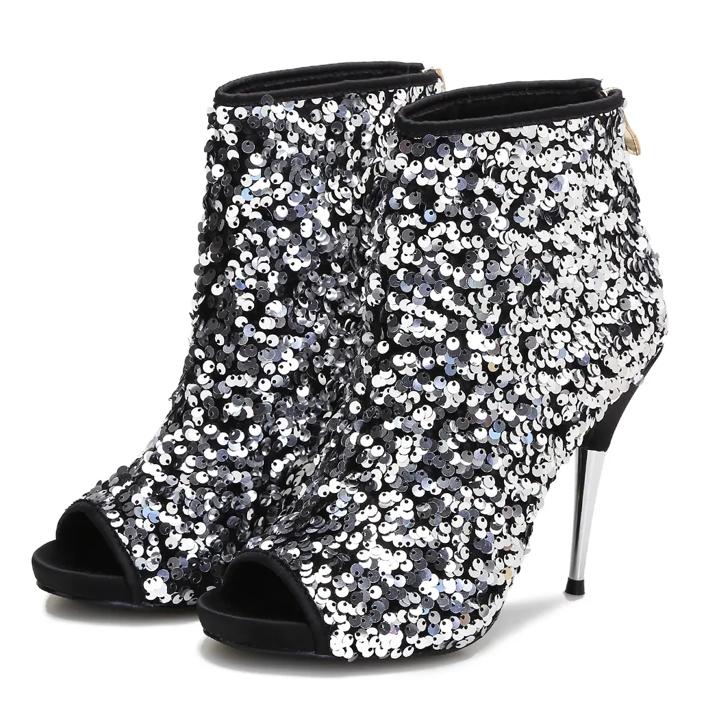 Women's Fashion Glitter Sequined Open-Toed Stiletto Ankle Boots - Zipper-Closure High Heels, Party Shoes for Women, Rubber, Sequins