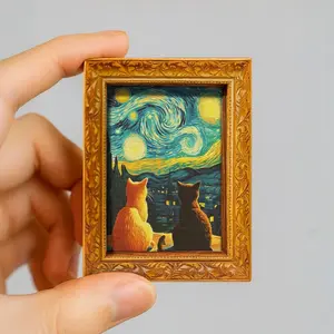 Van Gogh Starry Night Wood Fridge Magnet Frame | Vintage Mini Art Painting for Kitchen Decor | Dutch Masterpiece Replica Accent for Refrigerator Display | Creative Housewarming Gift for Art Lovers | US Home Accent Ready Refrigerator Decorating Magnet
