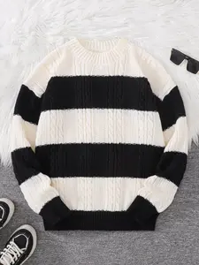 Men's Colorblock Striped Crew Neck Classic Sweater, Casual Fitted Long Sleeve Knitwear, Fall & Winter Fashion, Trendy Couple Wear