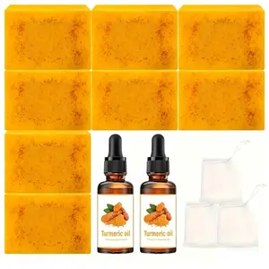 Turmeric Soap & Essential Oil Set, 1 Set Including 8 Counts Kojic Acid Turmeric Soap Bar & 2 Counts Turmeric Essential Oil & 3 Counts Soap Bag, Moisturizing Skin Care Set for Women & Men, Skin Care Solution