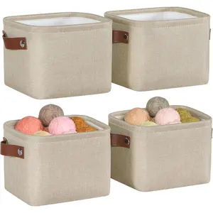 Small Fabric Storage Bins, 7.8x6.7x5.9 inch Mini Storage Cubes 4-Pack Storage Basket for Makeup Collapsible Fabric Storage Organizer with Handles, Decorative Basket for Desk, Shelves, Brown