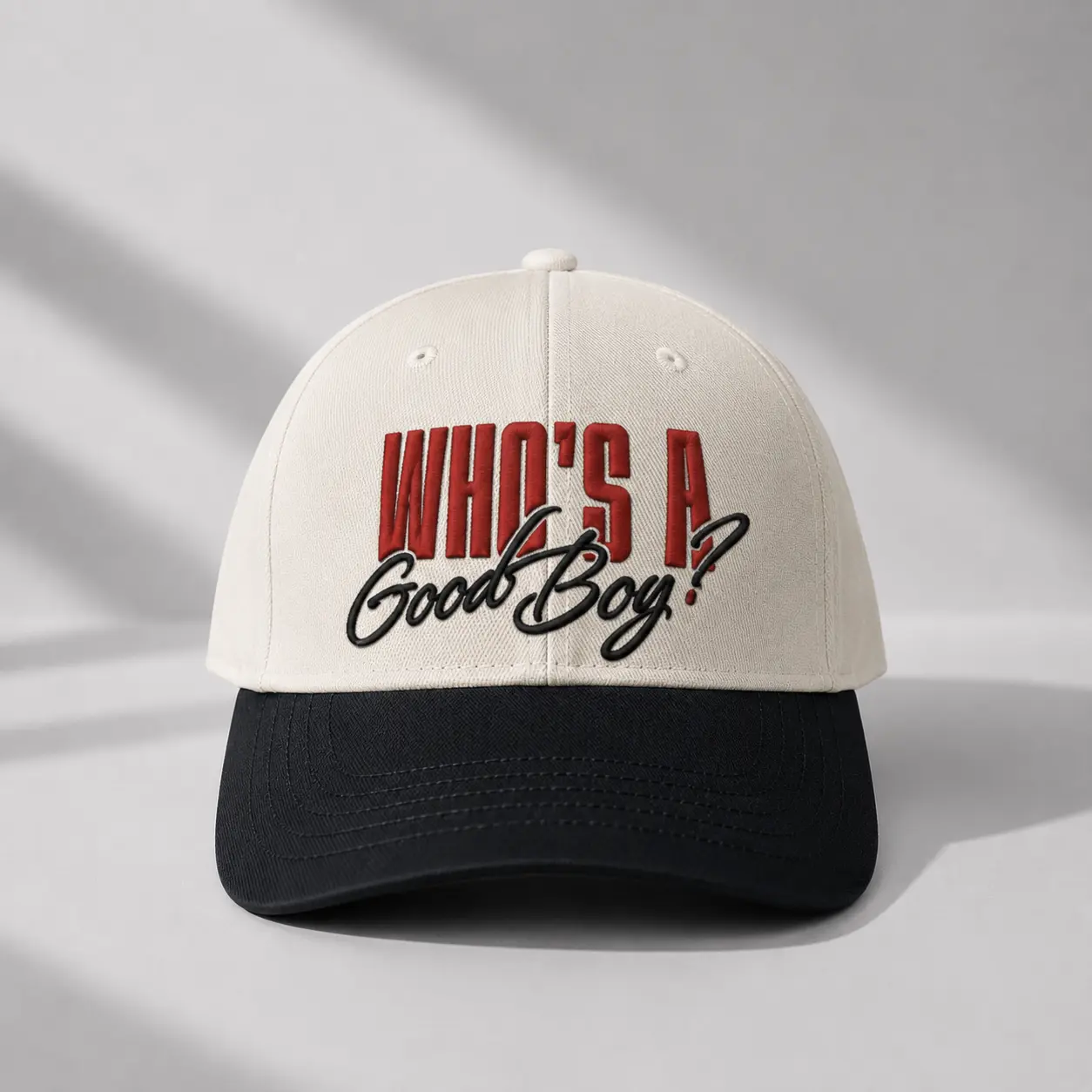 Unisex 2-Tone Structured Embroidered Baseball Cap - Curved Brim, "Who’s a Good Boy?" Statement Design, Casual Streetwear Accessory
