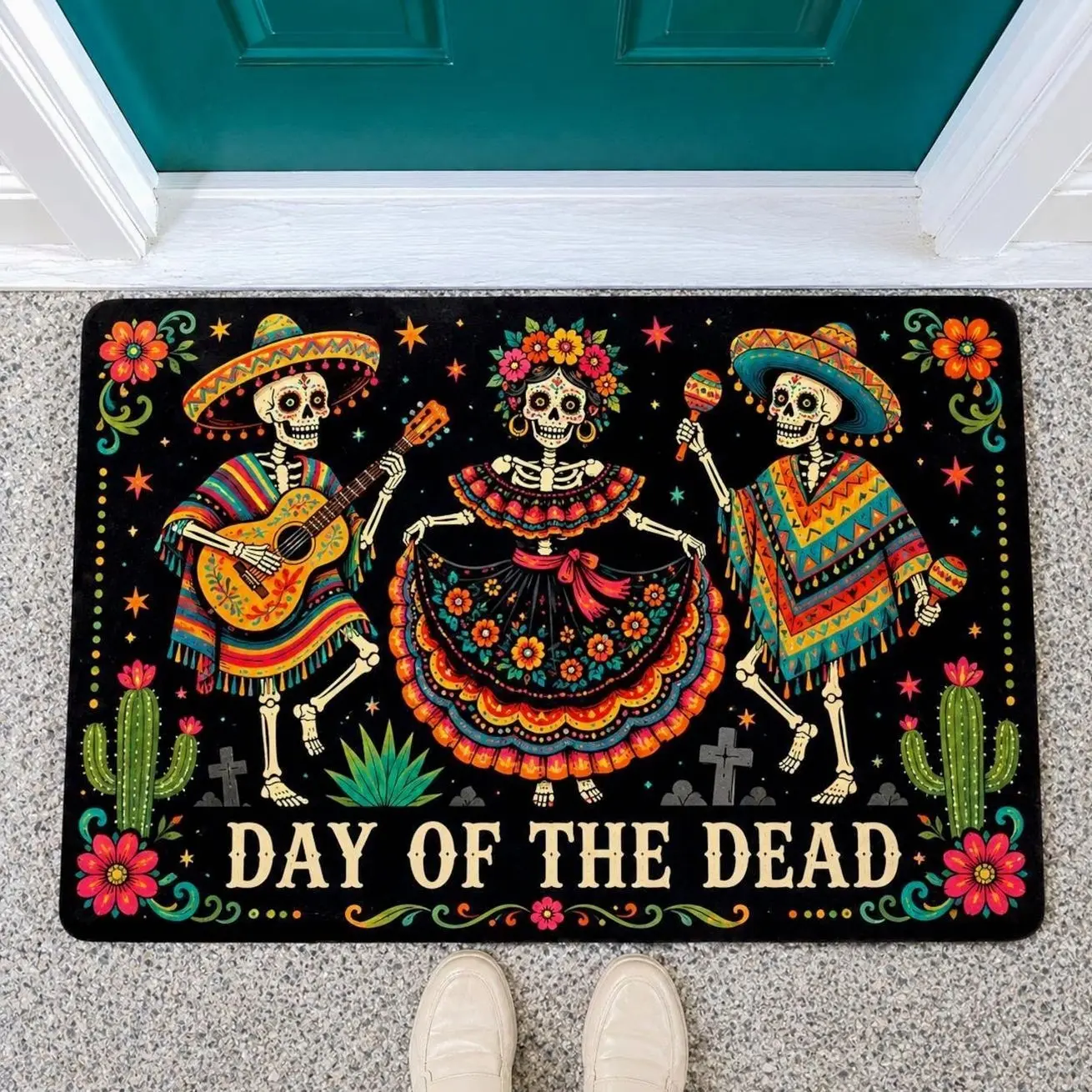 Day Of The Dead Doormat, Dia De Los Muertos Welcome Mat, Sugar Skull Skeleton Halloween Door Mat, Mexican Porch Decor