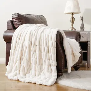 Cream Faux  Throw Blanket, Double Side Ruched   Blanket for Couch, Bed, Super Soft Cozy Fuzzy  Blanket, 50"x60"()