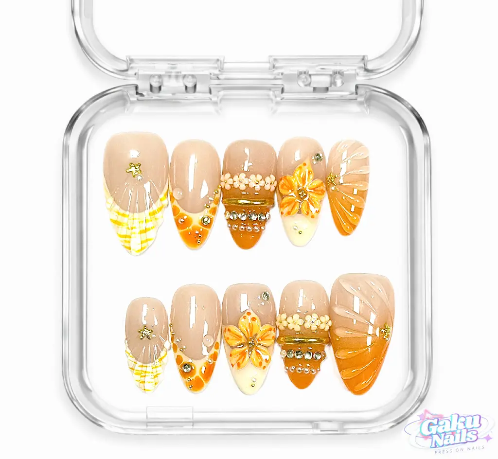 GakuNails SUNNY DAISY 10-Piece Medium Square Handmade Acrylic Nails, 3D Bowtie Design, Selectable Sizes, Reusable, Multi-Pack, Long-Lasting, Hand Nails, 10 Pcs, Unisex, No, S, Press On Nails