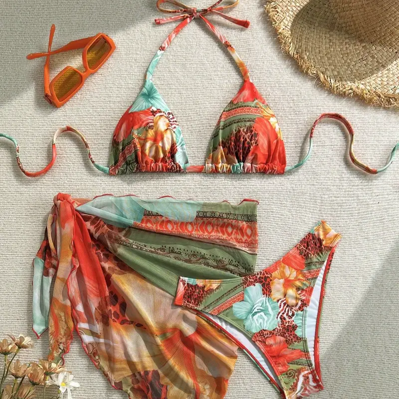 Women's Set, Three-Piece Swimsuit with Bow Tie Design, Sexy Ladies Swimwear for Beach & Pool, Flower Print Bikini, Floral Print Bikini, Printed Bikini Set