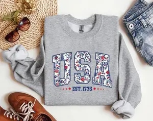 [Sale Up To 50%] Floral USA Sweatshirt: Patriotic Varsity Crewneck, 4th of July Sweatshirt, streetwear graphic tee