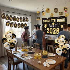 Graduation Decorations Class Of 2026, Golden Themed Graduation Decorations Set, Class Of 2026 Backdrop Banner, Graduation Hanging Swirl, Balloons And Honeycomb Supplies For Graduation Party