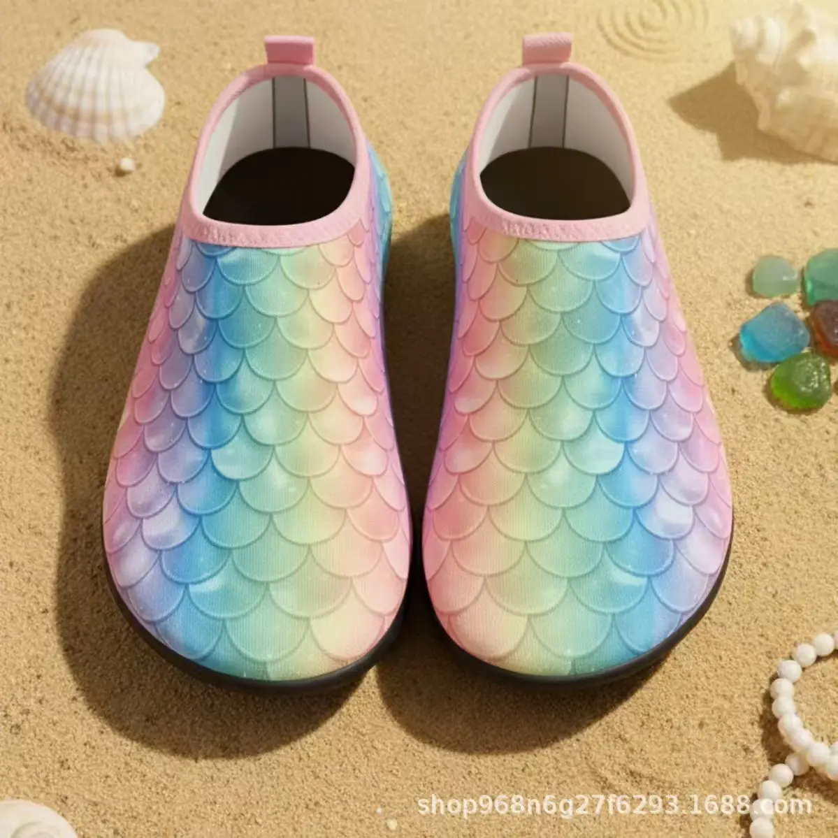 Girls' Sparkling Mermaid Scale Aqua Socks - Breathable Slip-On Footwear with Soft TPR Sole for Beach, Pool & Outdoor Activities - Vibrant Colors, All-Season Use, Easy Wear
