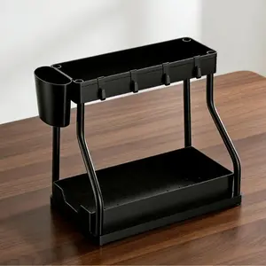 2-Tier U-Shaped Pull Out Organizer with 4 Hooks Slide Out Storage Rack for Cutlery & Tableware Space-Saving Under Sink Cabinet Practical Utensils Heavy-Duty Stable Design for Spices Bottles Cans & Small Tools